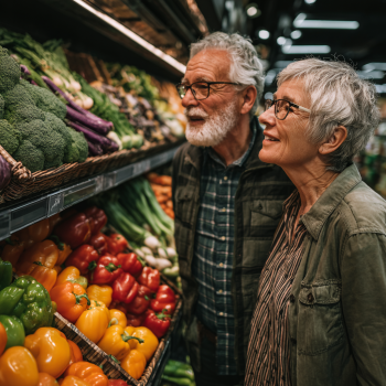 Adultos mayores disfrutando comida saludable
